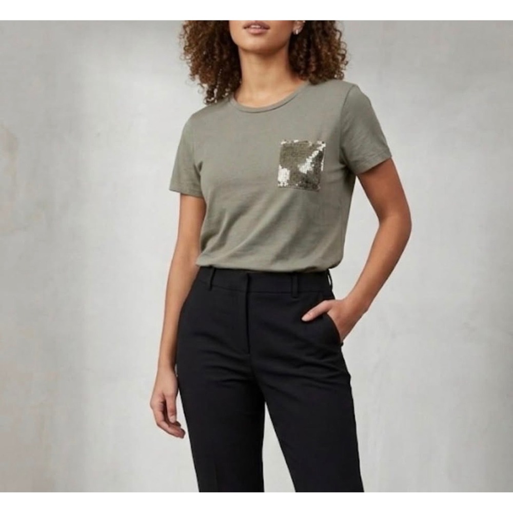 DKNY Womens Sequin Pocket T-Shirt Olive Green Short Sleeve Crew Neck Top Large